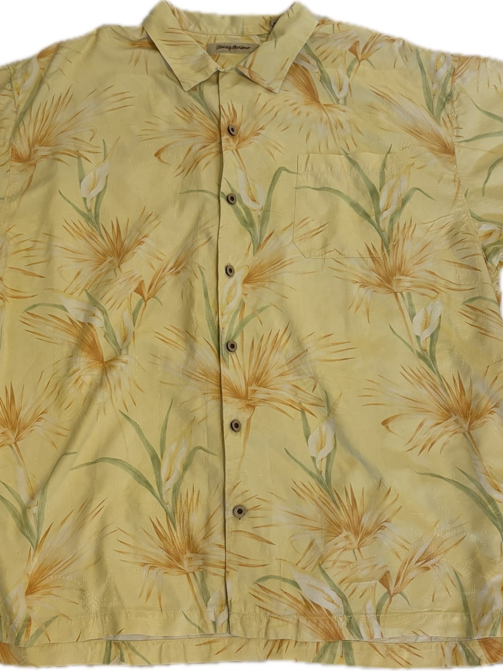 TOMMY BAHAMA 100% Silk Mens XXL yellow Floral Tropical Short Sleeve Button-Up